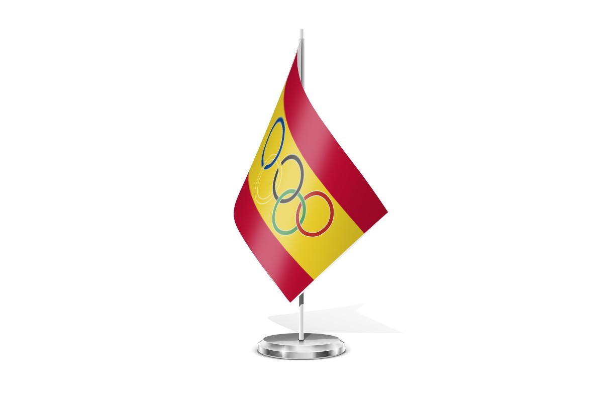 Bandera de mesa de España con aros olímpicos