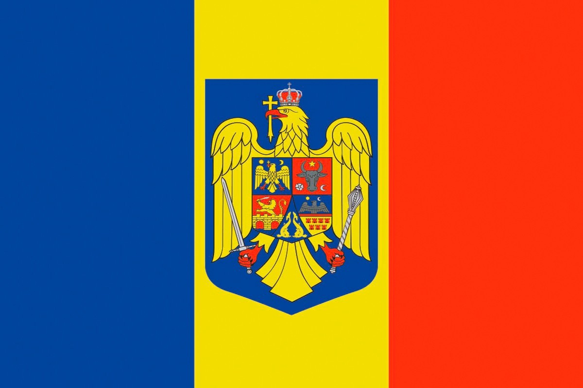Bandera de mesa de Rumanía con escudo Bandera de mesa de Rumanía con escudo